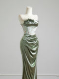 Romantic Mermaid Strapless Sage Green With Ruffles Long Prom Dresses Impress 18th Birthday Outfits Party Gown HZ0311