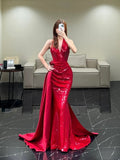 Modest Mermaid Off The Shoulder Wine Red Sequin With Ruffles Slit Long Prom Dresses Night Formal Dresses HZ0311