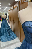 Timeless Navy Blue Sequin Beaded Sweetheart A-Line Long Prom Dress HZ0311