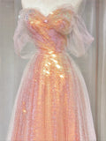 Gorgeous A line Off The Shoulder Pink Sequined With Short Sleeves Formal Evening Dress Gowns Long Prom Dresses HZ0311