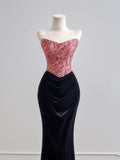 Flattering Mermaid Strapless Pink Satin With Velvet Black Prom Dresses Long Evening Formal Birthday Party Gowns HZ0311