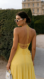 Elegant A line Halter Yellow Prom Dresses Chiffon Pleated Ruffle Formal Evening Dress Party Gowns HZ0311