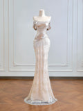 Sparkling Mermaid Off The Shoulder Champagne Sequin Long Prom Dresses Impress 18th Birthday Outfits Party Gown HZ0311