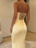Popular Simple Yellow Mermaid Strapless Long Evening Prom Dresses Wedding Guest Gown HZ0311