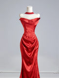 Flattering Mermaid Strapless Red Satin With Scarf Prom Dresses Long Evening Formal Birthday Party Gowns HZ0311
