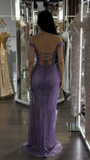Shinning Mermaid Off The Shoulder Lilac Slit Sequins For Women Party Dresses Long Formal Prom Dresses 18th Birthday Gown HZ0311