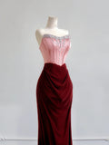 Romantic Mermaid Strapless Pink Top Satin Burgundy Velvet Long Prom Dresses Impress 18th Birthday Outfits Party Gown HZ0311