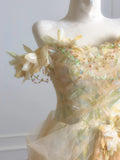 Fairytale Ball Gown Off The Shoulder Green Floral Tulle Long Formal Evening Dress Formal Birthday Gowns Prom Dresses HZ0311