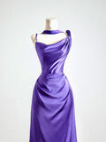 Simple Mermaid Grape Satin Asymmetrical Neck Prom Dresses Long Evening Formal Gown With Scarf Party Gowns HZ0311