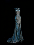 Chic Mermaid Spaghetti Strap Navy Blue Sequin Long Party Dresses Prom Dresses Impress Wedding Guest Dress HZ0311