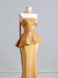Romantic Mermaid Strapless Gold With Scarf Long Prom Dresses Impress 18th Birthday Outfits Party Gown HZ0311