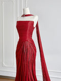 Timeless Mermaid Strapless Red Chiffon With Scarf Slit Long Prom Dresses Inspiration Party Gowns HZ0311