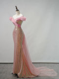 Sparkly Mermaid Off The Shoulder Pink Sequin Short Sleeves Long Prom Dresses Formal Gowns Evening Dress HZ0311