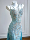 Luxurious Mermaid Spaghetti Strap Blue With Silver Beaded Prom Dresses Long Evening Formal Birthday Party Gowns HZ0311