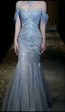 Blue Mermaid Off The Shoulder With Silver Beadings Long Prom Dress Party Gowns HZ0311