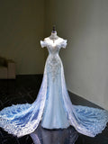 Dream Mermaid Off The Shoulder Aesthetic Sequin Blue Long Prom Dresses Inspiration Party Dress Prom Gown HZ0311