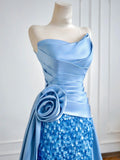 Luxurious Mermaid Strapless Blue Satin With Sequins Prom Dresses Long Evening Formal Birthday Party Gowns HZ0311