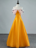 Modest A line Off The Shoulder Orange Appliqued Lace Satin Long Prom Dresses Night Formal Dresses HZ0311