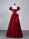 Modest A Line Square Neck Wine Red Tulle With Short Sleeves Long Prom Dresses Night Formal Dresses HZ0311