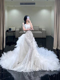 Classic Mermaid Wedding Dresses Strapless Sequin White With Feathers Brides Dress Summer Bridal Gowns HZ0311