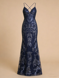 Gorgeous Mermaid Spaghetti Strap Navy Blue Sequined Formal Evening Dress Gowns Prom Dresses HZ0311