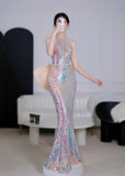 Modest Mermaid Halter Sequin Long Prom Dresses High School Teens Senior Graduation Dance Party Outfits HZ0311