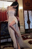 Shiny Off The Shoulder Prom Dresses, Long Evening Formal Gown With High Slit Party Gowns HZ0311