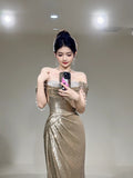 Glitter Mermaid Off The Shoulder Sequin Long Prom Dresses Champagne Formal Gowns Inspo Evening Outfit HZ0311