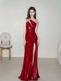 Simple Mermaid One Shoulder Burgundy Sequin Long Prom Dresses Formal Gowns Inspo Evening Outfit HZ0311