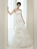 Plain Wedding Dresses Mermaid Strapless White Sleeveless Pleated Brides Dress Fitted Bridal Gowns HZ0311