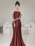 Modest Mermaid Strapless Satin With Gloves For Women Party Dress Long Formal Prom Dresses 22th Birthday Outfits HZ0311