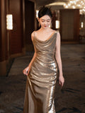 Glitter Mermaid Asymmetrical Neck Sequin Long Prom Dresses Champagne Formal Gowns Inspo Evening Outfit HZ0311