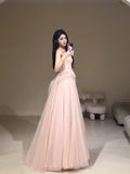 Sweet Ball Gown Strapless Pink Tulle With Lace For Women Party Dress Long Formal Prom Dresses 22th Birthday Outfits HZ0311