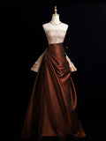 Modest Ball Gown Strapless Champagne Beaded Top Brown Skirt Long Evening Prom Dresses Long Evening Formal Dress HZ0311