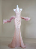 Classy Mermaid Halter Pink Sequin For Senior Teens Girls People Long Prom Dresses Formal Dress 20th Birthday Outfits HZ0311
