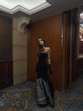 Vintage Mermaid Strapless Black Polka Dots Satin Long Prom Dresses Inspo Semi Formal Gown HZ0311