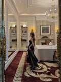 Timeless Mermaid Strapless Black With Ruffles Satin Long Prom Dresses Inspo Semi Formal Gown HZ0311