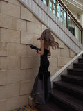 Vintage Mermaid Strapless Black Polka Dots Satin Long Prom Dresses Inspo Semi Formal Gown HZ0311