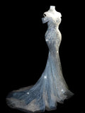Fairytale Fantasy Art Wedding Dresses Mermaid Off The Shoulder Sequin With Beaded Bodice Long Brides Dress Fitted Bridal Gown HZ0311