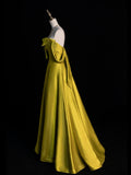 Modest A line Off The Shoulder Satin Green College Formal Outfit Long Prom Graduation Dresses For Teens HZ0311