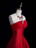 Modest Ball Gown Strapless Red Pleated Ruffles Long Prom Dresses Night Semi Formal Dress HZ0311