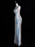 Glittering Mermaid Spaghetti Strap Blue Long Prom Dresses Inspo 18th Birthday Outfits Formal Dress HZ0311