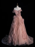 Beautiful Ball Gown Spaghetti Strap Pink Tulle Long Prom Dresses Inspiration Evening Gowns Formal Prom Dress HZ0311