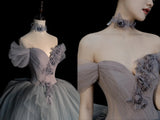 Modest Ball Gown Off The Shoulder Silver Tulle Prom Dresses Inspiration Party Gowns Princess Formal Dress HZ0311