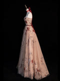 Modest Ball Gown Strapless Sleeveless Tulle Champagne Floral Long Prom Dress For Women Girls Evening Dresses HZ0311