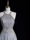 Chic A line Halter Silver Gray Sequins Senior Prom dresses High School Long Formal Dresses HZ0311