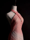 Classy Mermaid Halter Tulle Pink College Formal Outfit Long Prom Dress Graduation Dresses HZ0311