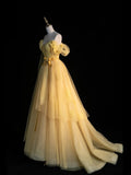 Modest Ball Gown Off The Shoulder Yellow Tulle College Formal Sweet 16 Outfit Long Sleeves Prom Dresses For Teens HZ0311