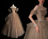 Elegant Ball Gown Off The Shoulder Champagne With Sleeves Tulle Inspiration Long Prom Dresses HZ0311