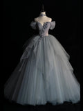 Modest Ball Gown Off The Shoulder Grey Tulle Prom Dresses Inspiration Party Gowns Princess Formal Dress HZ0311